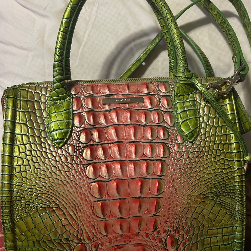 Brahmin Vibrant Green and Pink Embossed Satchel